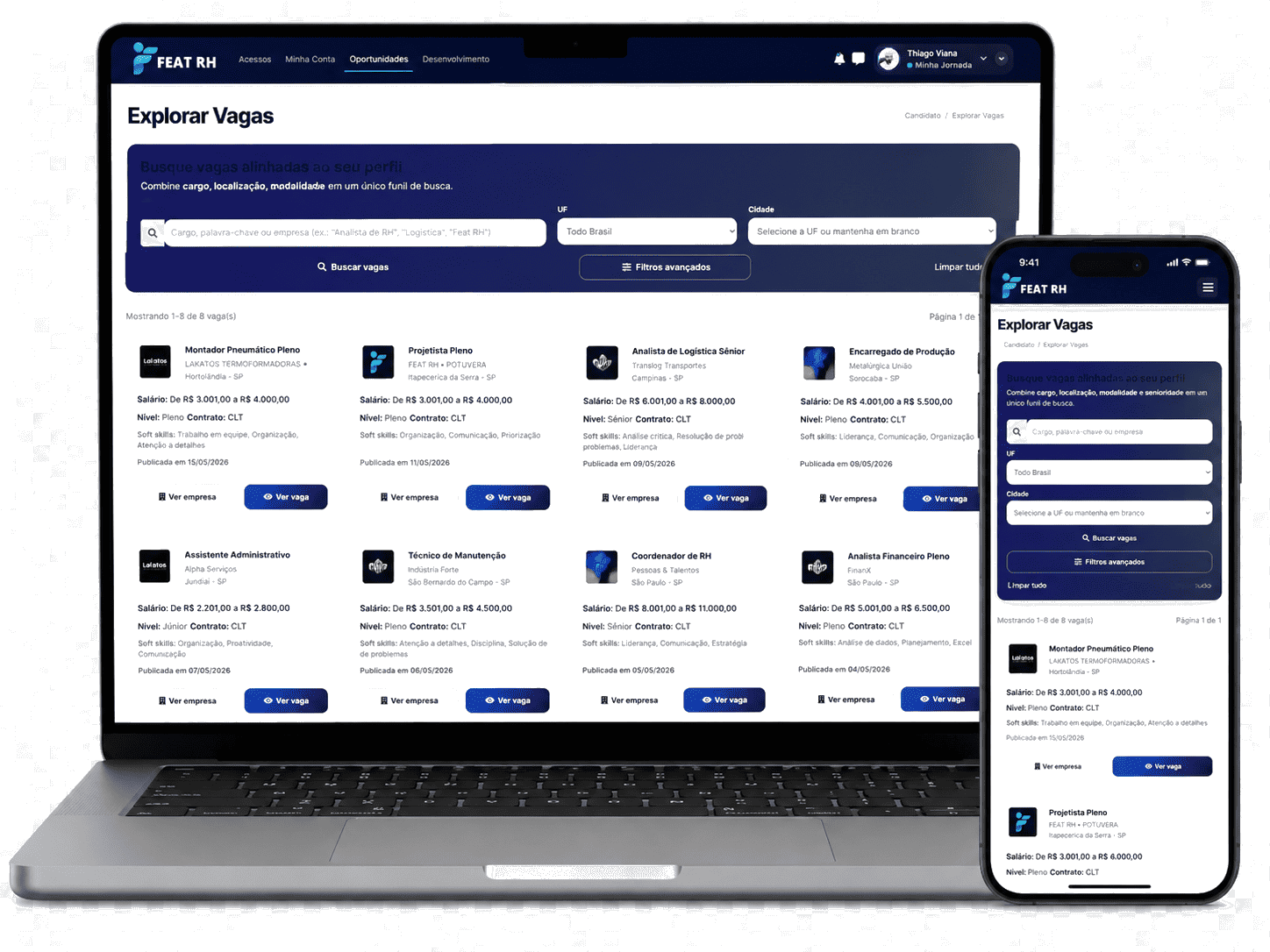 Mockup da plataforma FEAT RH com vagas abertas em notebook e celular