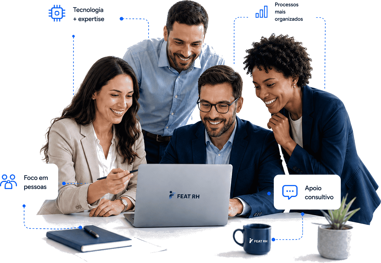 Equipe usando tecnologia FEAT RH com cards de apoio consultivo, processos organizados e foco em pessoas
