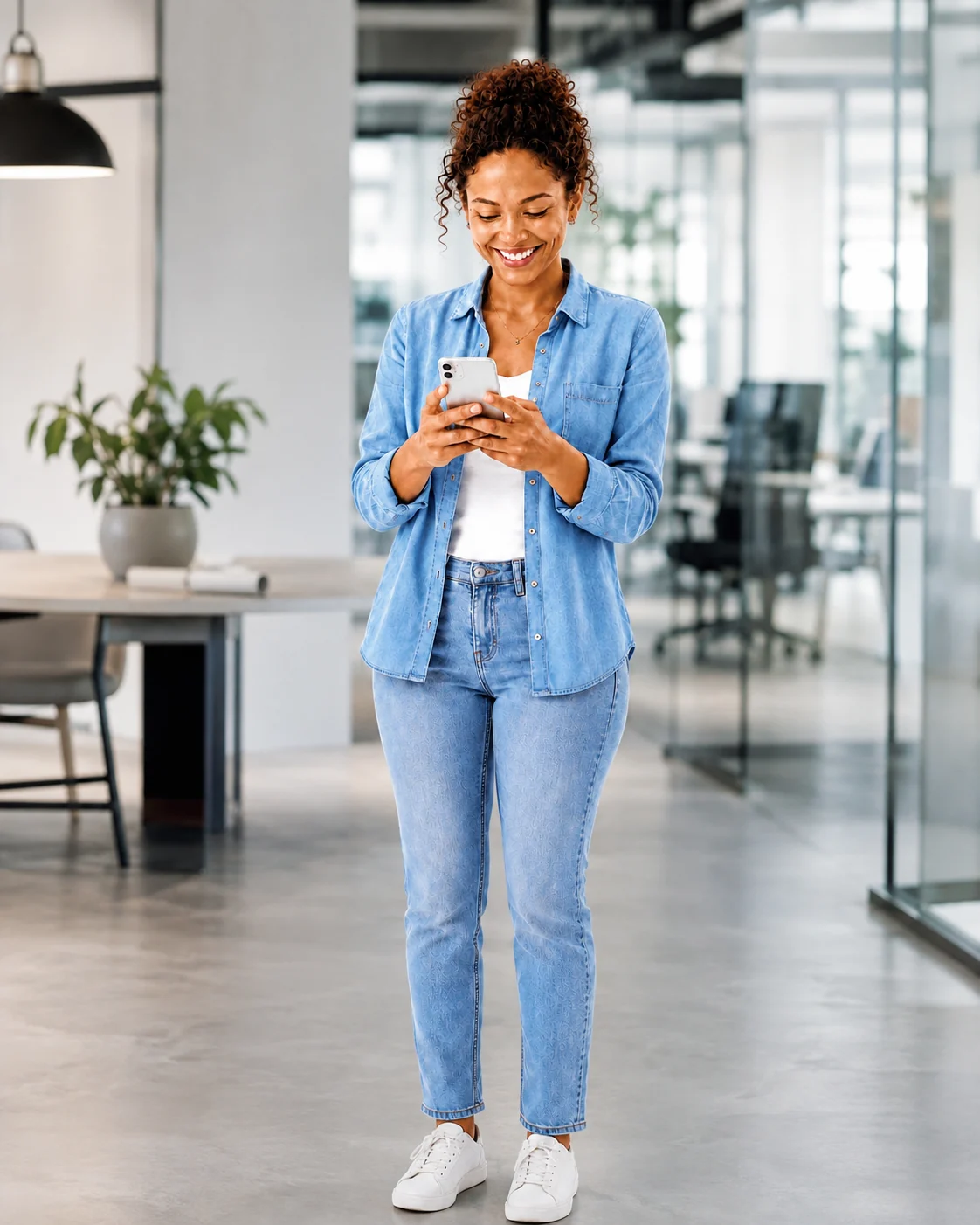 Candidata consultando oportunidades pelo celular em um ambiente de trabalho