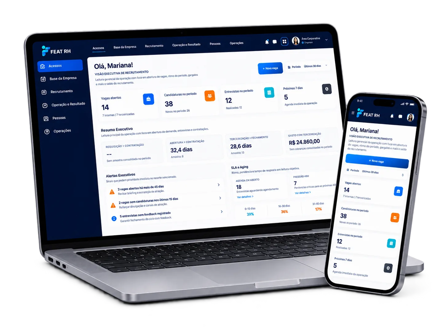 Plataforma FEAT RH em notebook e celular, integrada ao fluxo de recrutamento.